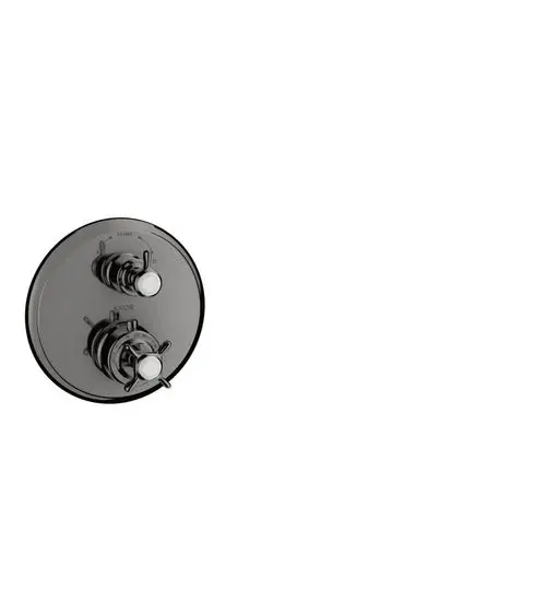 Thermostat-Unterputz mit Kreuzgriff und Ab-Umstellventil in Polished Black Chrome, hergestellt von AXOR, zur Steuerung von Wasserfluss und Temperatur.